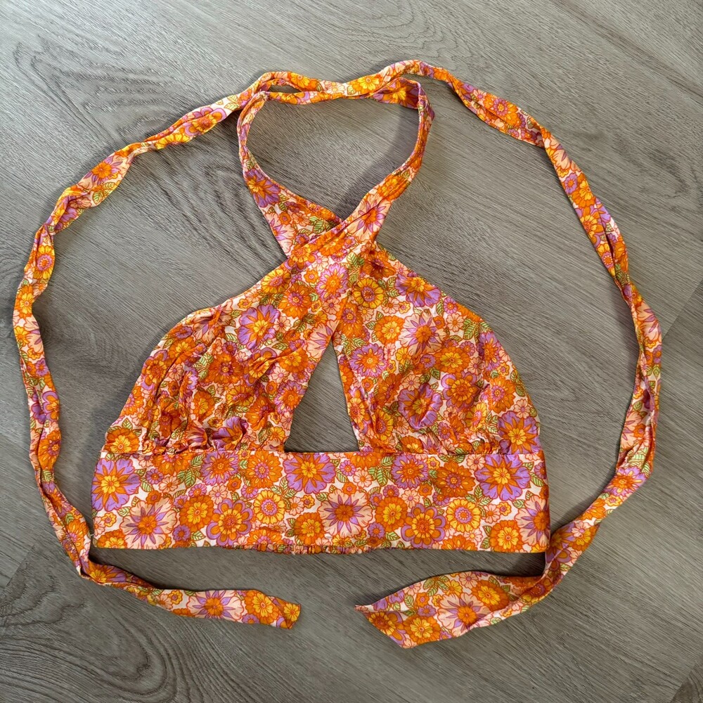 Topshop Floral Halter Crop Top in Pink and Orange - Picture 6 of 9